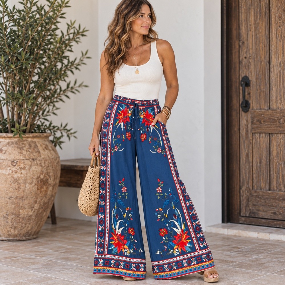 Flying Tomato Pants M Blue Floral Boho Wide Leg Palazzo Rayon Border Print
